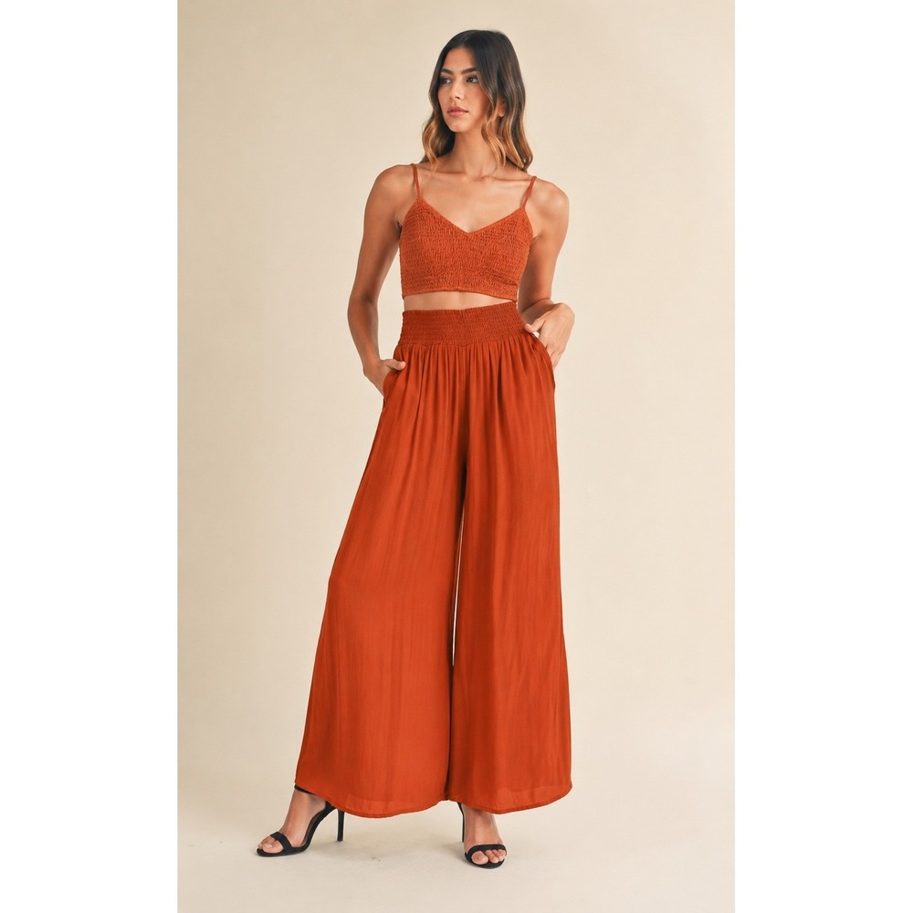 MABLE Smocked Bralette Crop Top & Wide Leg Pants Set Rust Small New!